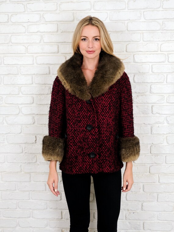 Vintage 60s 70s Red Wool Jacket Fox Fur Collar Cu… - image 8