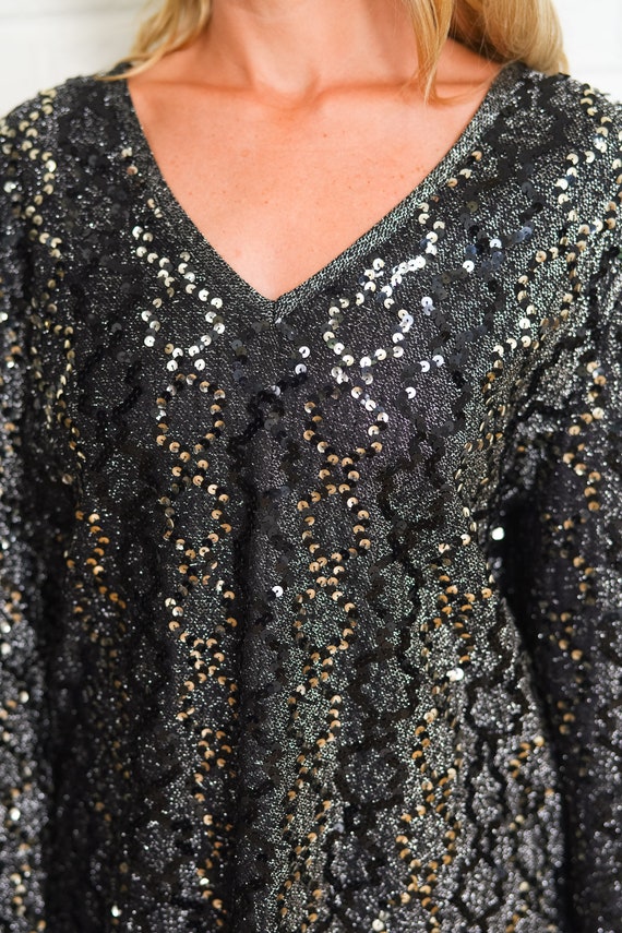 Sequin Top Vintage Black Metallic Silver Black Gl… - image 7