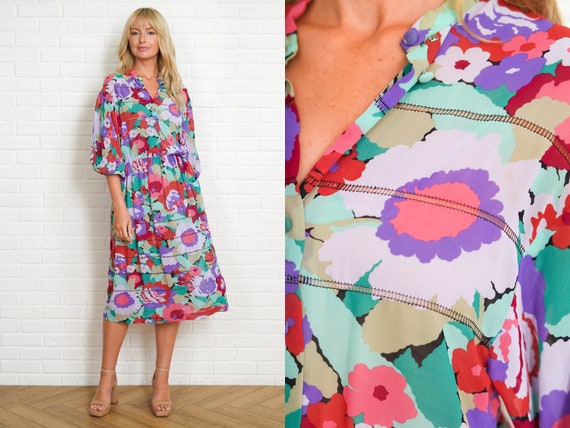 80s Bold Floral Print Dress Vintage Blouson Slouc… - image 1