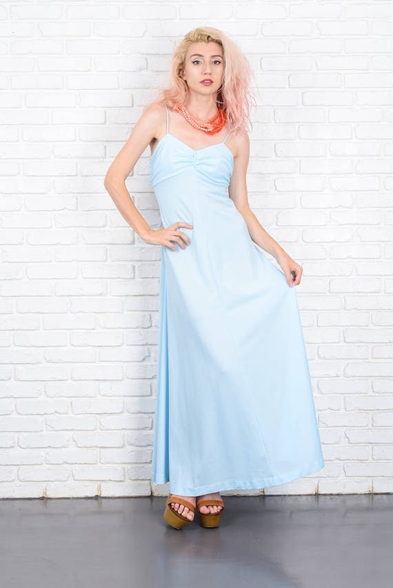 Vintage 70s Sky Blue Maxi Dress Boho Sweetheart H… - image 2