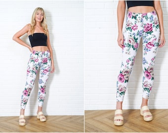 Vintage 80s 90s Floral Print Pants Flower White Pink Cropped