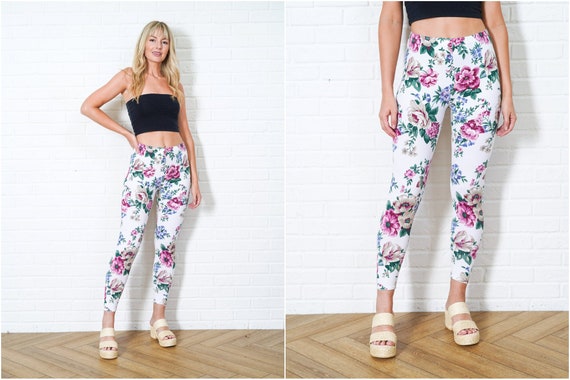 Vintage 80s 90s Floral Print Pants Flower White Pink Cropped XS Small 