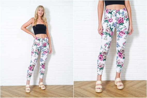 Vintage 80s 90s Floral Print Pants Flower White P… - image 1