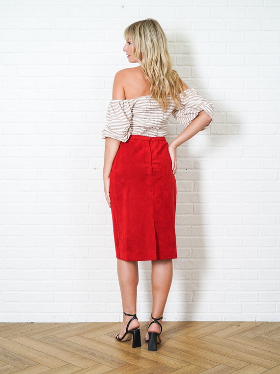 Vintage 80s Red High Waist Skirt Ultrasuede Faux … - image 6