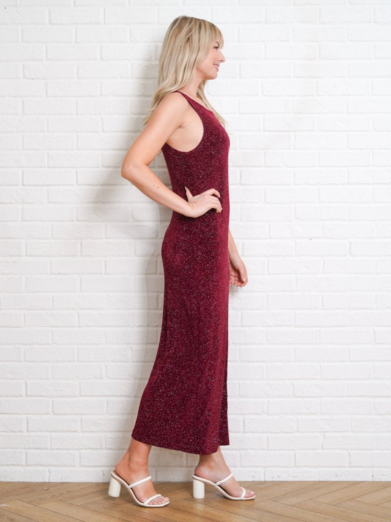 90s Glittery Maxi Dress Vintage Cranberry Red Sle… - image 5