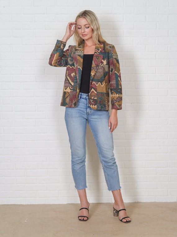 Vintage 90s Geometric Blazer Jacket Patchwork Ove… - image 3