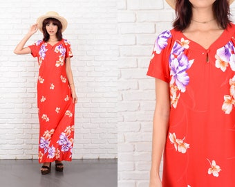 Vintage 80s Red Hawaiian Print Dress Tropical A Line Bold Floral Medium 10553