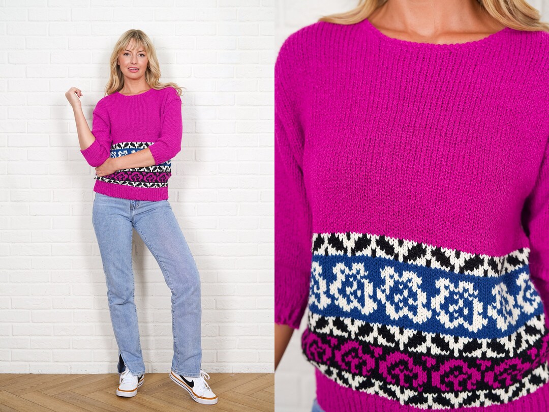 80s Pink Graphic Sweater Vintage Nubby Knit Top Blue Magenta Small ...