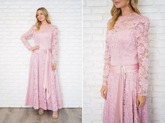 Vintage 80s Pink Floral Lace Dress Full Maxi Puff