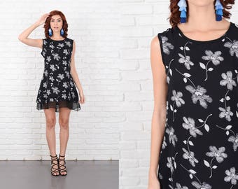 Vintage 80s 90s Floral Print Black Dress Mini Sleeveless Small S 10283