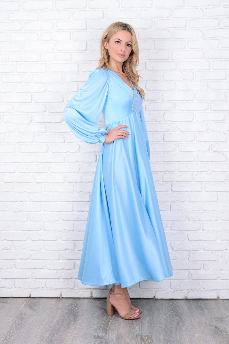 Vintage 70s Blue Boho Dress Lace Plunging Pleat A Line Maxi XS | Etsy