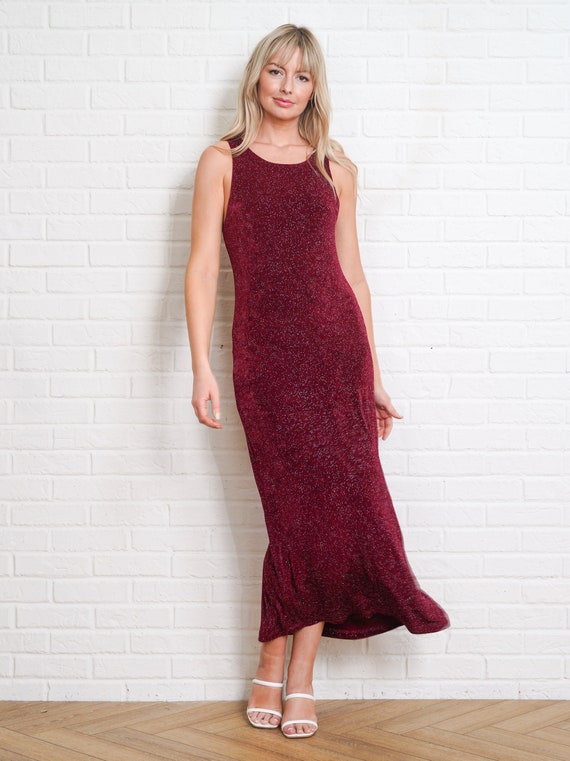 90s Glittery Maxi Dress Vintage Cranberry Red Sle… - image 3