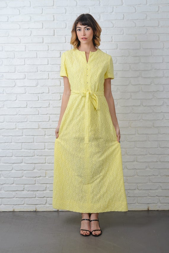 Vintage 60s 70s Yellow Mod Dress Maxi Cutout Boho… - image 2