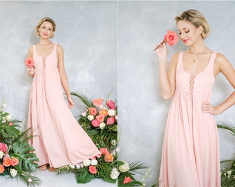 Vintage 60s 70s Pink pastel lace up corset empire babydoll Maxi Lingerie Nightgown Slip Dress Boudoir S M