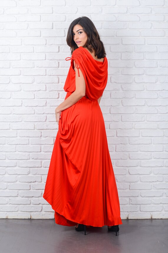 Vintage 70s Red Maxi Dress Draped Accordion Pleat… - image 4