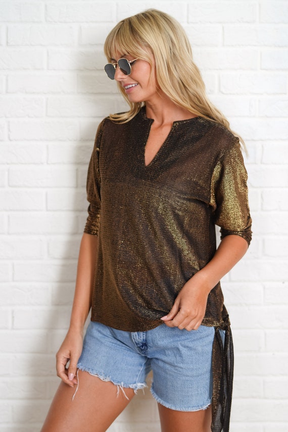 80s Gold Metallic Top Vintage Blouse Shirt Half S… - image 8