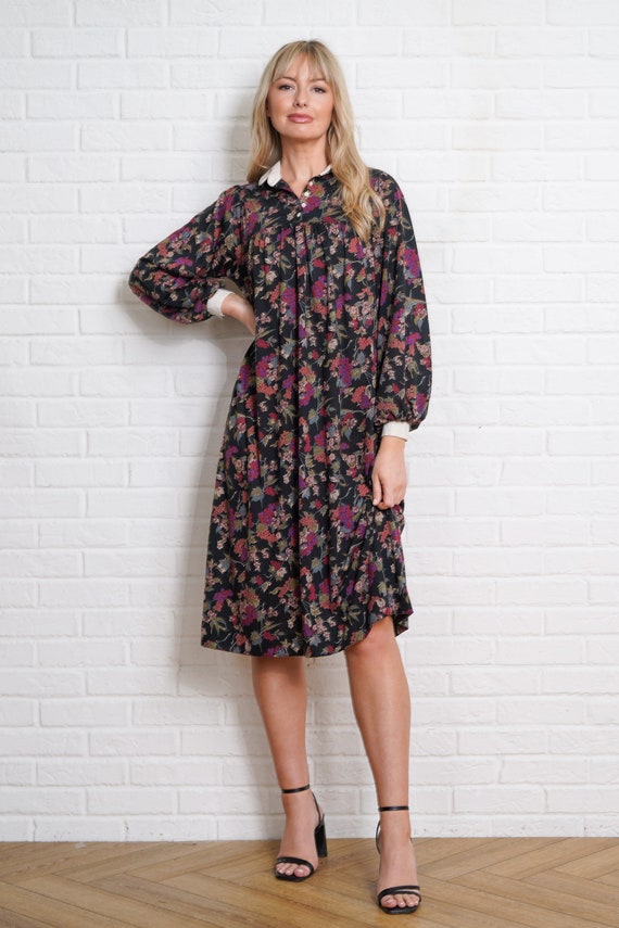 70s Floral A Line Mod Dress Vintage Black Mod Lin… - image 2