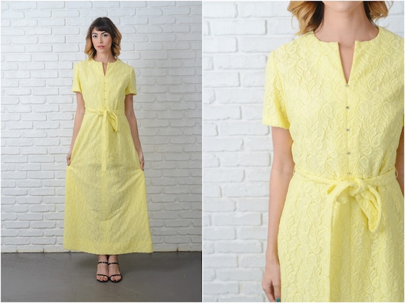 Vintage 60s 70s Yellow Mod Dress Maxi Cutout Boho… - image 1