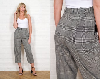 90s Plaid Wool Pants Vintage High Waist Cropped Pleated Black White Small S