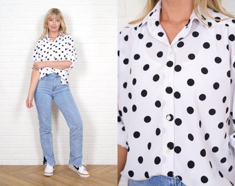 90s Polka Dot Print Blouse Top Vintage Oversize White Black Slouchy Draped Shirt Retro Medium