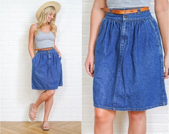 90s Blue Jean Skirt Vintage Denim High Waist Calvin Klein Belted Leather Knee length Small