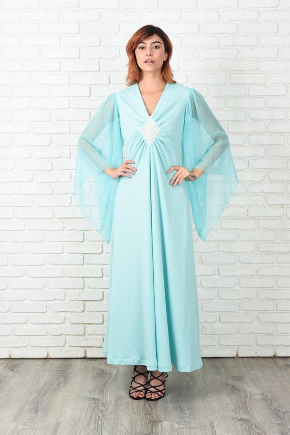 Vintage 70s Mint Maxi Dress Angel Sleeve Boho Hip… - image 3