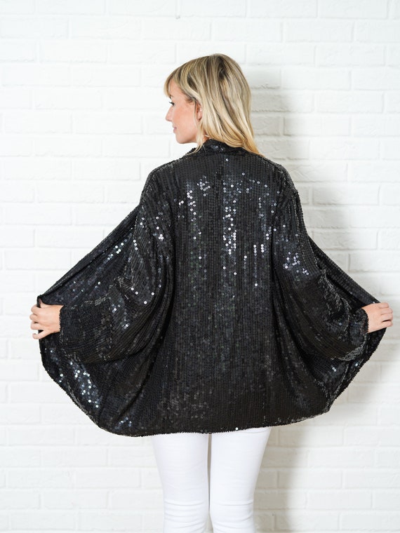 Vintage 80s Black Sequin Jacket Top Glam Coat Ret… - image 7