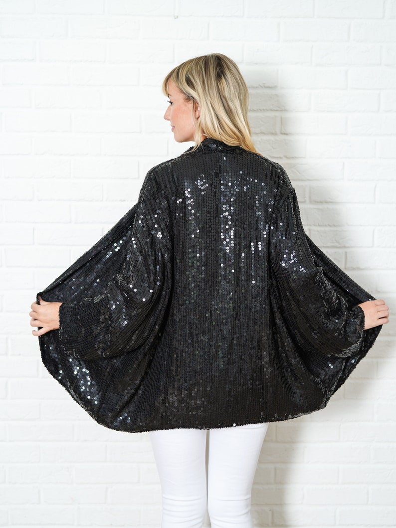 Vintage 80s Black Sequin Jacket Top Glam Coat Retro S M L image 7