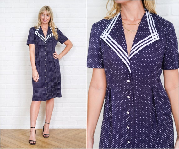 80s Navy Blue Dress Vintage Polka Dot Striped Sec… - image 1