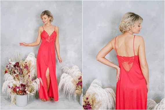 Vintage 70s Red Lace Slip Dress Nightgown Boudoir Lingerie Sheer 