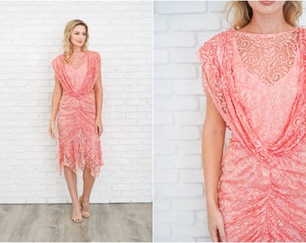 Vintage 80s Pink Lace Draped Dress Ruched Cutout Neckline Floral XS