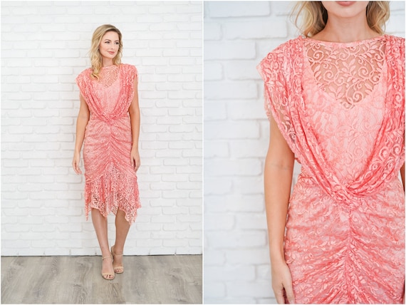 Vintage 80s Pink Lace Draped Dress Ruched Cutout … - image 1