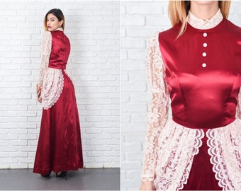 Burgundy + Lace Floral Dress Vintage 60s 70s Sheer Sleeve victorian XXS 8460
