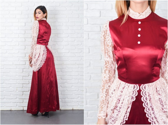 Burgundy + Lace Floral Dress Vintage 60s 70s Shee… - image 1