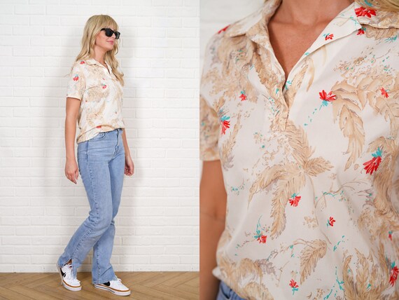 70s Floral Leaf Print Blouse Vintage Mod Shirt Polo Top 70s Floral Leaf Print Blouse Vintage Mod Shirt Polo Top