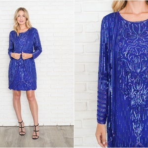 Vintage 80s Blue Silk Sequin Dress Beaded Shift Party Cocktail Medium M
