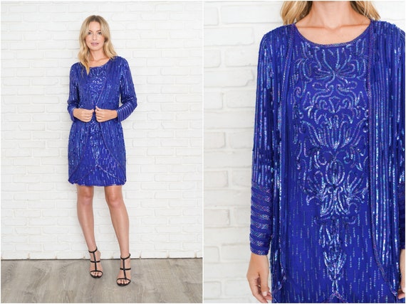 Vintage 80s Blue Silk Sequin Dress Beaded Shift P… - image 1