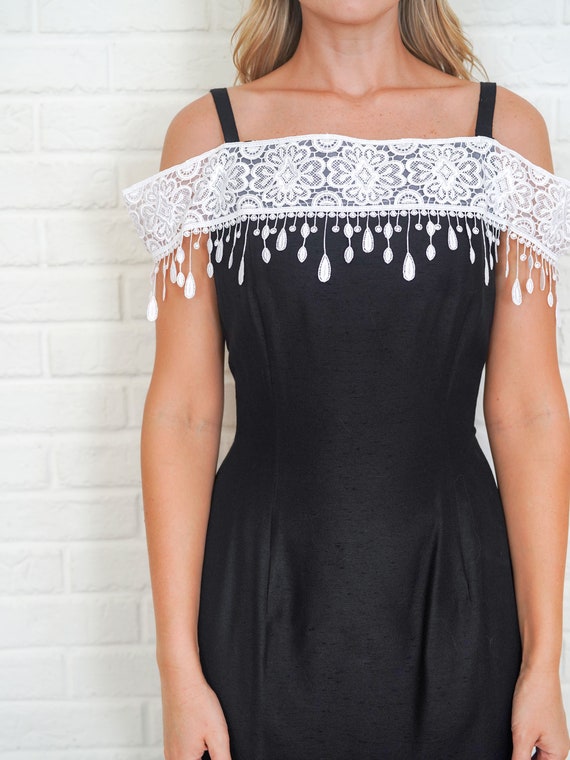 Vintage 80s Black Maxi Dress Fringe Lace Small Of… - image 7