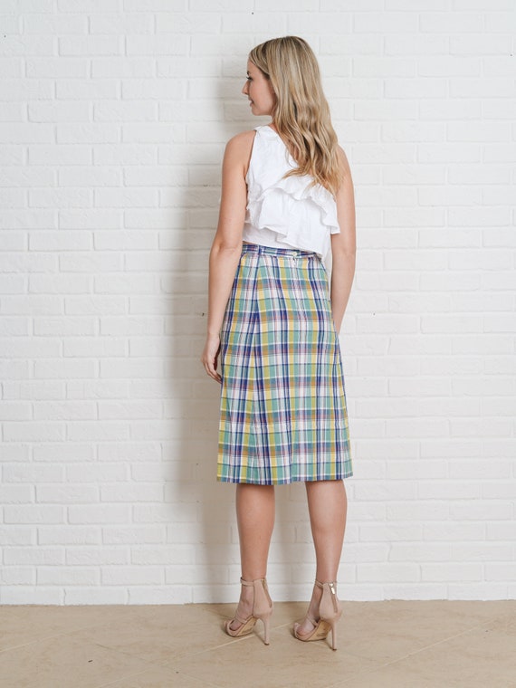 Vintage 70s 80s Plaid Print Skirt Blue + Green A … - image 6