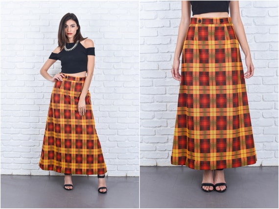 Vintage 70s Red + Yellow Mod Skirt Plaid Striped … - image 1