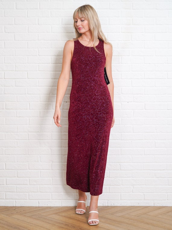 90s Glittery Maxi Dress Vintage Cranberry Red Sle… - image 2