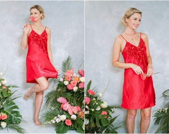 Vintage red satin velvet burnout sheer lingerie boudoir slip dress nightgown nighty negligee S M