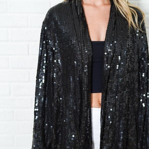 Vintage 80s Black Sequin Jacket Top Glam Coat Retro S M L image 9