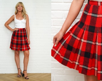60s Red Wool Plaid Skirt Vintage High Waist Pleated A Line XS