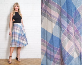 70s Plaid Wool Skirt Vintage Blue Geometric Full Pleated High Waist Small Medium S M