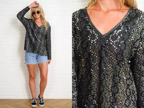 Sequin Top Vintage Black Metallic Silver Black Gl… - image 1