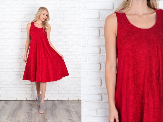 Vintage 70s Red A line Dress Sleeveless Mod Terry