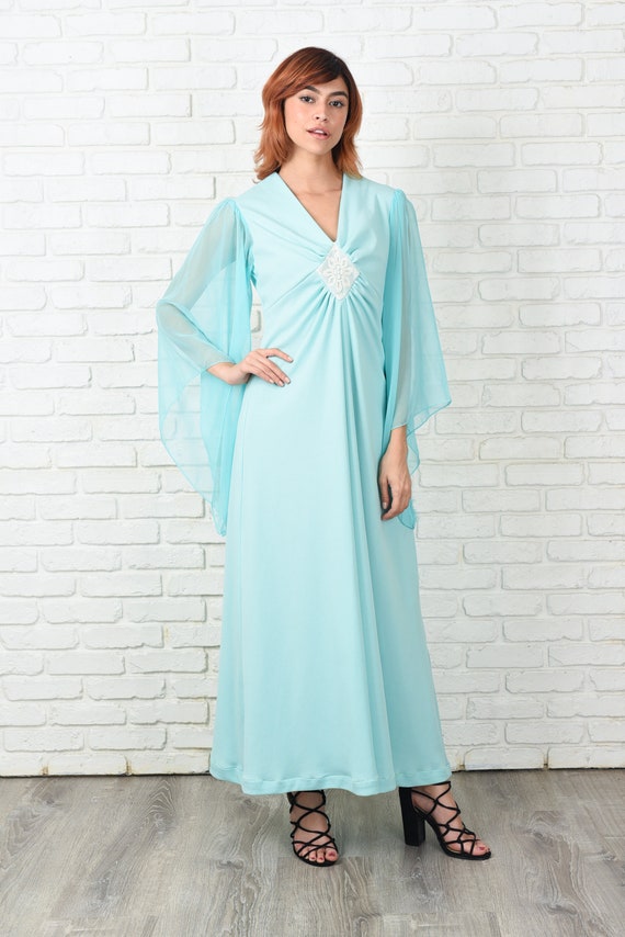 Vintage 70s Mint Maxi Dress Angel Sleeve Boho Hip… - image 2