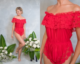 90s Red Lace Teddie Teddy Lingerie Romper Boudoir Off Shoulder XS Small Vintage