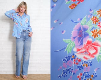 70s Levi Strauss Blouse Vintage Top Shirt Blue Floral Print Large Boho Hippie